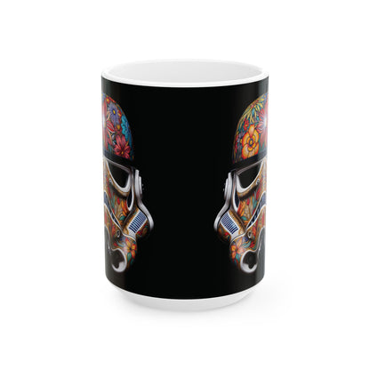 Elegant Artistic Floral Stormtrooper Mug featuring unique floral designs on a sleek black background, ideal for tea and coffee lovers who appreciate artistic decor.