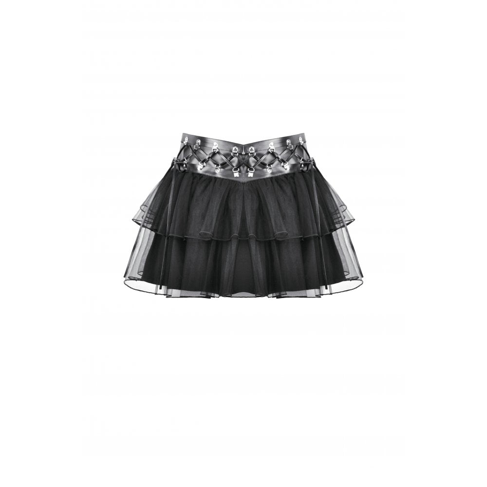 Chic ensemble featuring the Dark in Love goth mini skirt paired with a stylish harness top, exemplifying the perfect blend of punk glam and romantic goth fashion for bold outfits.