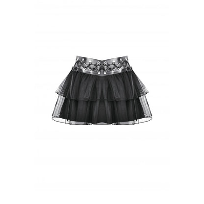 Chic ensemble featuring the Dark in Love goth mini skirt paired with a stylish harness top, exemplifying the perfect blend of punk glam and romantic goth fashion for bold outfits.