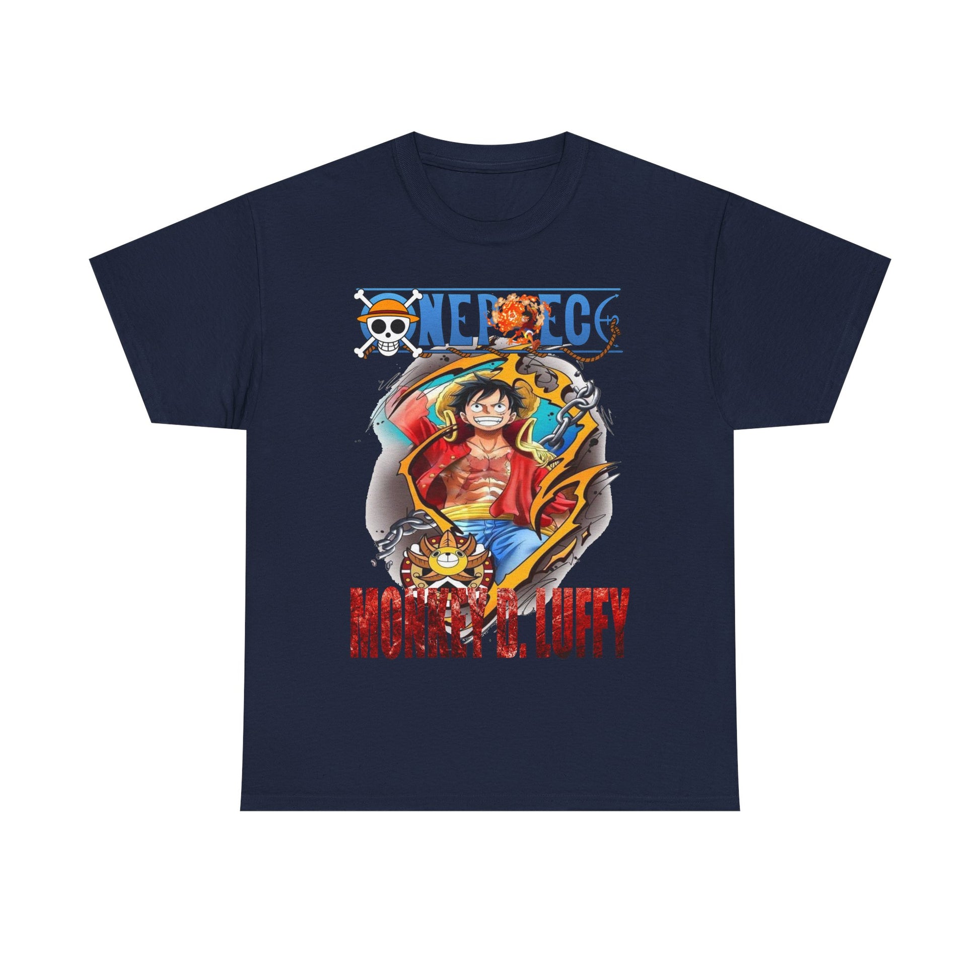 Chic Monkey D. Luffy T-Shirt in deep navy, featuring a dynamic graphic of the adventurous character, designed for anime enthusiasts seeking style.