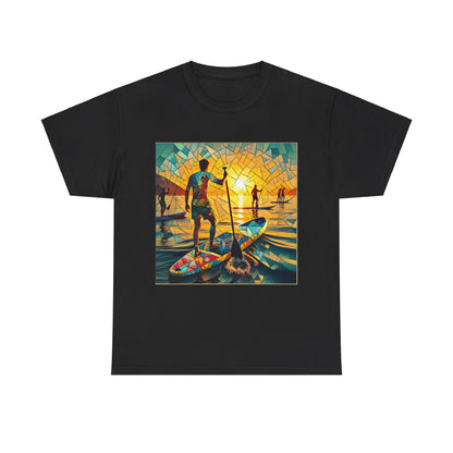 Elegant display of the Luxury Paddleboarding Scene T-Shirt by Dazzling Dreams Studio on a hanger, emphasizing its luxurious design and suitability for casual outings.