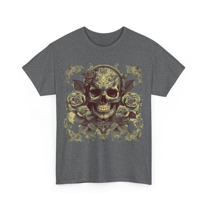 Luxury Skulls and Roses Cotton Tee featuring a steampunk-inspired design with intricate skull and rose graphics, perfect for alternative fashion enthusiasts.