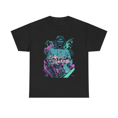 Stylish unisex black T-shirt showcasing an artistic Squid Game print, blending vibrant colours and unique imagery for a standout look.