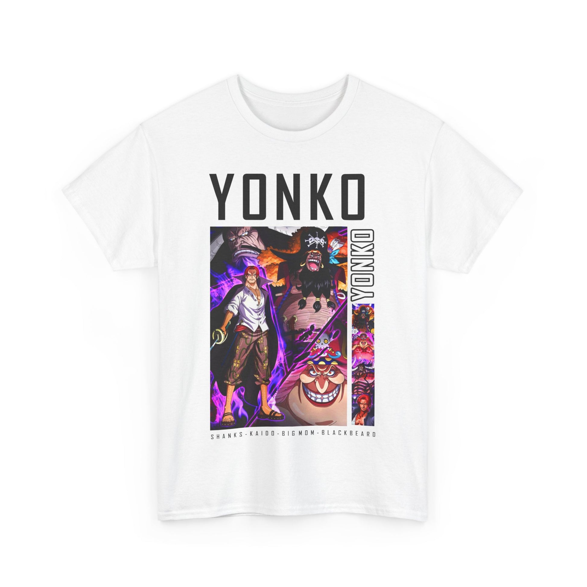 Sleek white Yonko graphic tee with captivating visuals of Shanks, Kaido, Big Mom, and Blackbeard, embodying a blend of elegance and fandom in high-end casual wear.