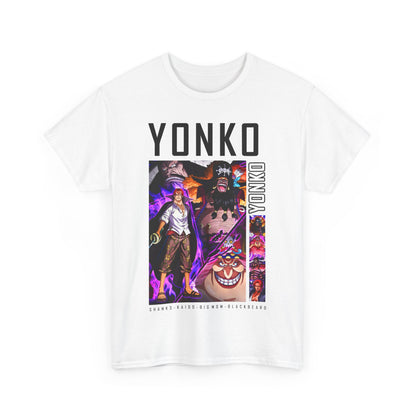 Sleek white Yonko graphic tee with captivating visuals of Shanks, Kaido, Big Mom, and Blackbeard, embodying a blend of elegance and fandom in high-end casual wear.