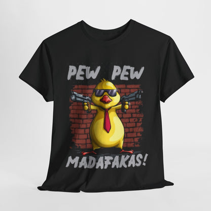 Sophisticated display of the Funny Chicken T-Shirt featuring a striking gangster chicken graphic, designed with 'PEW PEW MADAFAKAS!' text, ideal for fashion-forward individuals.