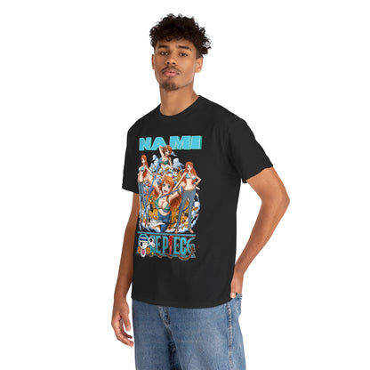 Stylish model wearing a black t-shirt with a striking Nami graphic from a celebrated anime, perfectly blending casual fashion with anime fandom.