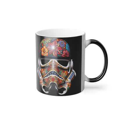 Artistic Stormtrooper Heat Change Mug highlighting an exquisite blend of art and fandom, featuring bright floral designs on a modern silhouette.