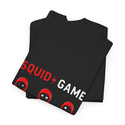 Elegant stacked black 'Squid Game' unisex t-shirts, showcasing whimsical red hooded characters, ideal for fashion-forward individuals.