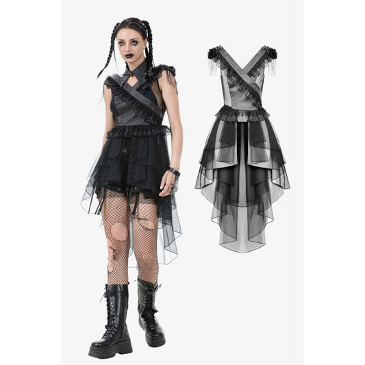 Luxurious Gothic Tiered Mesh Ruffle Dress showcasing elegant crisscross ruffle trim and stud adorned shoulders with tassels, perfect for evening events and gothic balls.