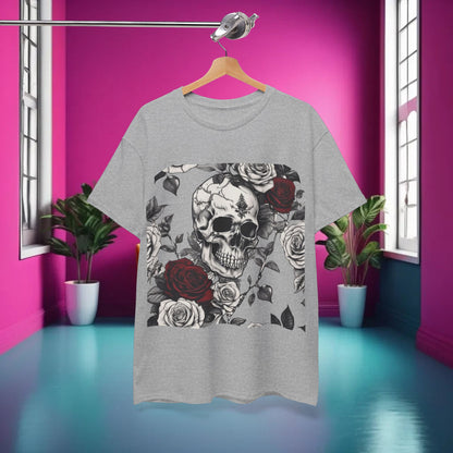 Front view of the Skulls and Roses Cotton Tee, unisex graphic shirt, featuring a stunning steampunk skull and rose design on a soft grey background.