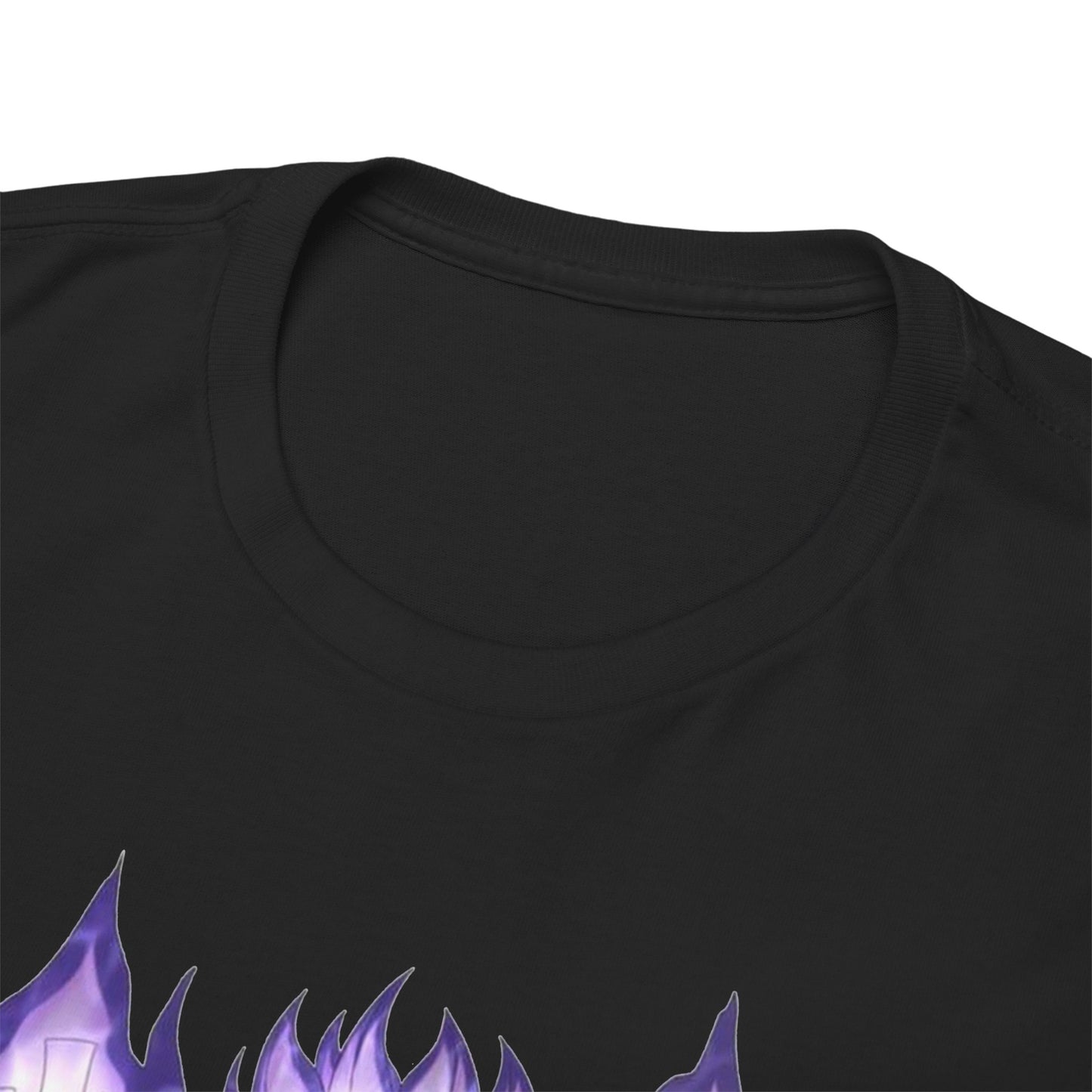 Close-up view of the neckline of a premium black Sasuke graphic tee, illustrating the quality fabric and detailed print, perfect for luxury fashion seekers.