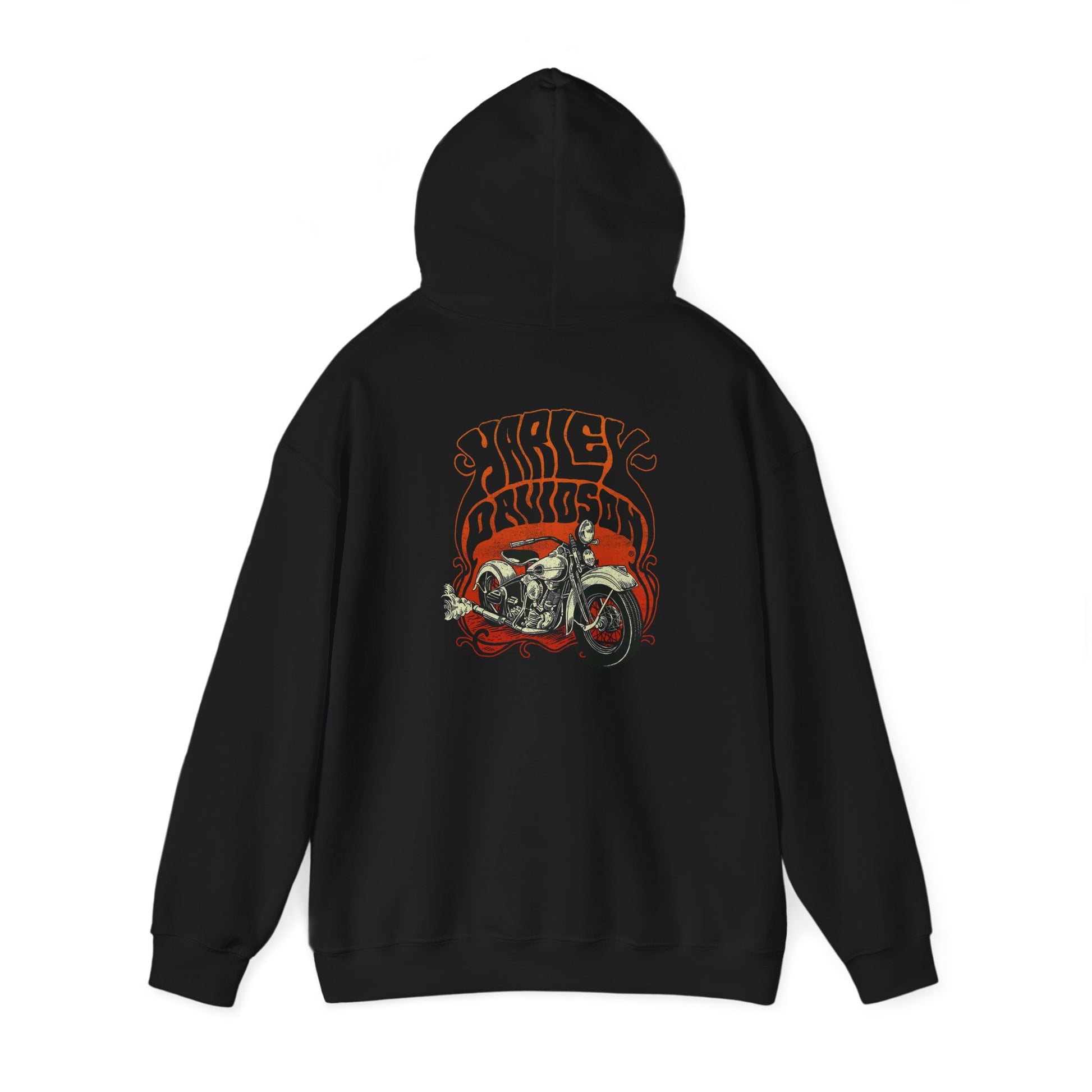Stylish black hoodie with a prominent retro Harley Davidson motorcycle design, perfect for fashion-forward bikers.