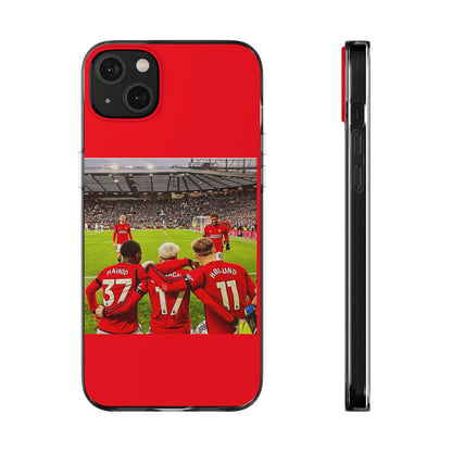 Manchester United Mainoo Garnach Hojlund Soft Phone Case elegantly displaying a team spirit theme with soccer stars, perfect for fashionable football aficionados.