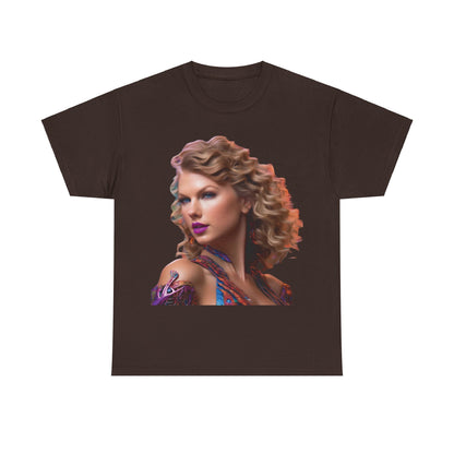 Chic Swifties psychedelic Taylor Swift Heavy Cotton Tee in brown, featuring an exquisite portrayal of Taylor Swift, designed for the dedicated Swiftie with a taste for elegance.
