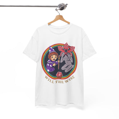 Stylish graphic t-shirt elegantly hanging, featuring a charming design with a wizard girl and a whimsical beast, accompanied by the phrase 'WILL THE WISE', suitable for fans of magical adventures.