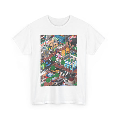 Elegant unisex graphic tee adorned with detailed cityscape design, representing contemporary street fashion trends.