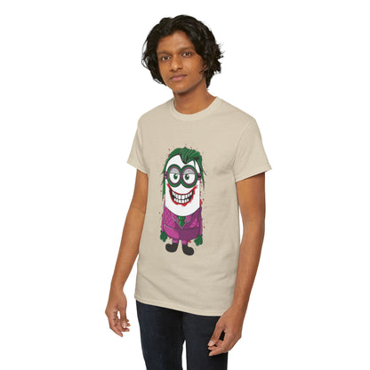 Men's luxury t-shirt featuring a vibrant Minion Joker design, showcasing a playful villain character in a purple suit, perfect for fashionable cartoon enthusiasts.
