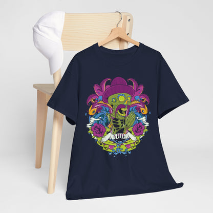 Stylish navy t-shirt draped over a wooden chair, featuring a unique graphic of a skeleton with colourful aquatic elements, symbolising a blend of artistry and personal expression.
