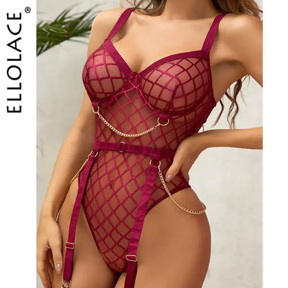 Lace Sissy Crotchless Bodysuit – Seductive Plaid Lingerie with Chain Detail, showcased in deep burgundy with a captivating mesh structure and sophisticated chain embellishments.