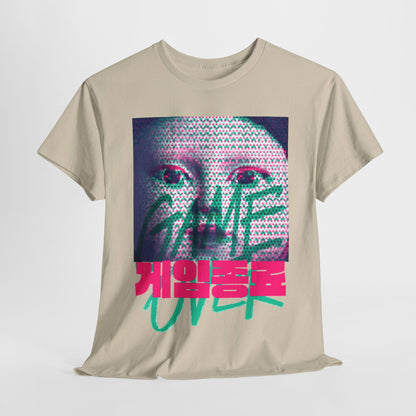Luxurious unisex cotton graphic tee featuring bold 'GAME OVER' print in vibrant colours inspired by survival games.