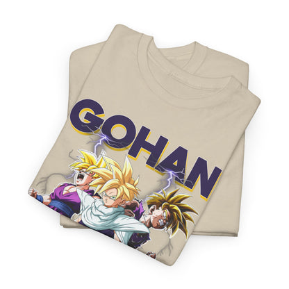 Folded Gohan T-shirt with striking graphic design, highlighting its quality fabric and dynamic colour scheme, ideal for casual yet sophisticated wear.