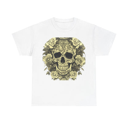 Skulls and Roses Cotton Tee - a luxurious unisex graphic shirt featuring an intricate skull design surrounded by roses, showcasing alternative fashion style.