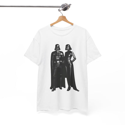 Mr + Mrs Vader Star Wars Unisex Mens Graphic Cotton Funny T-Shirt Tee Vintage displayed on a hanger, featuring a striking design of two iconic Sith figures in bold black attire, perfect for sci-fi fashion enthusiasts.