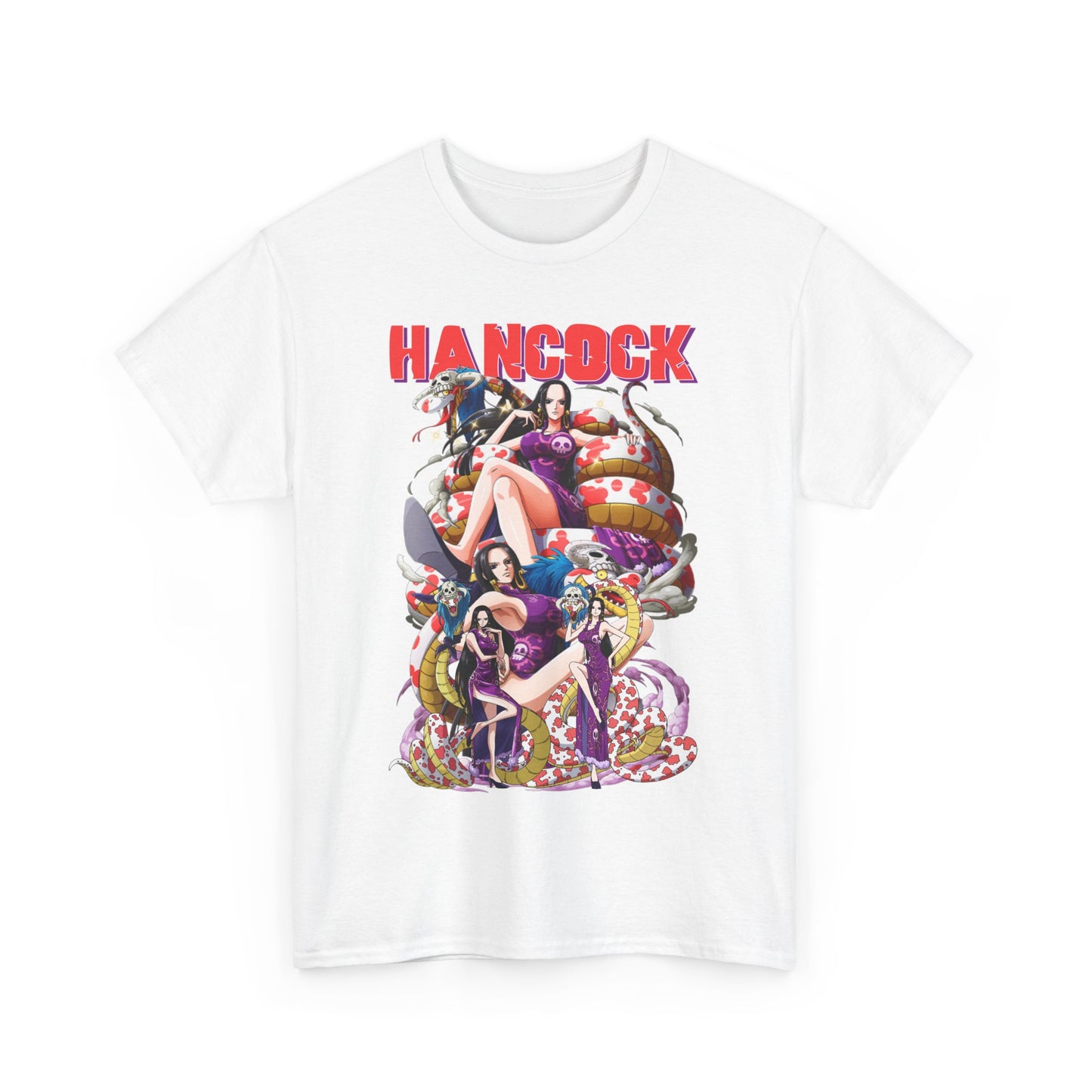 Stylish Hancock anime t-shirt featuring bold graphics of Hancock with striking designs against a white background, perfect for trendsetting enthusiasts.