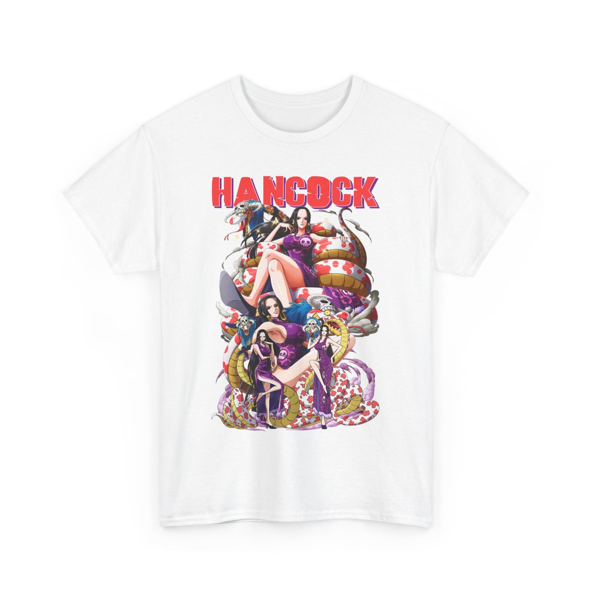 Stylish Hancock anime t-shirt featuring bold graphics of Hancock with striking designs against a white background, perfect for trendsetting enthusiasts.