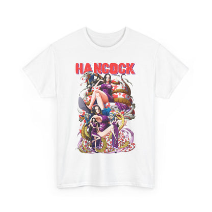 Stylish Hancock anime t-shirt featuring bold graphics of Hancock with striking designs against a white background, perfect for trendsetting enthusiasts.