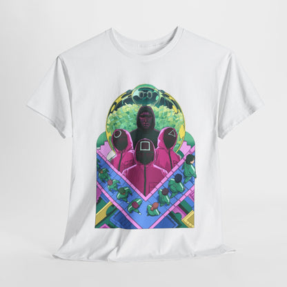 Luxury graphic t-shirt featuring vibrant artwork inspired by the popular series, showcasing iconic characters against a whimsical backdrop. Perfect for fans of unique, stylish streetwear.