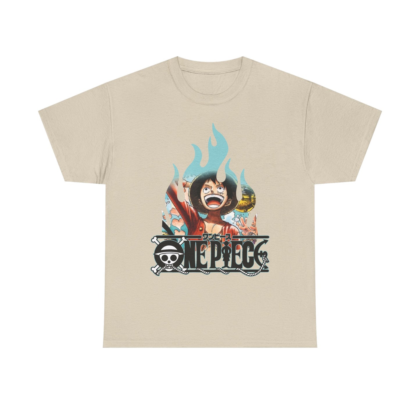 Luxury beige graphic t-shirt featuring a vibrant design of a popular character, flames, and an iconic logo, perfect for fans of premium casual wear.