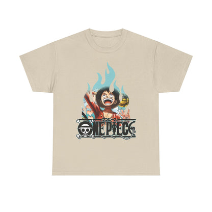 Luxury beige graphic t-shirt featuring a vibrant design of a popular character, flames, and an iconic logo, perfect for fans of premium casual wear.