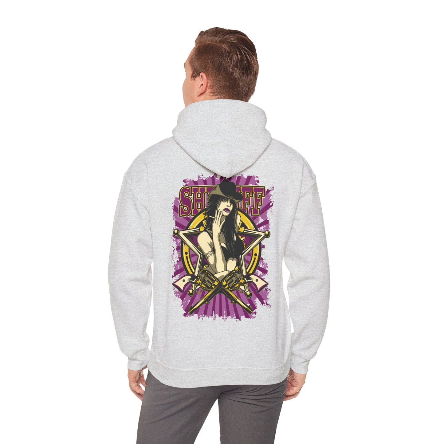 Back view of a luxurious Empowered Sheriff hoodie featuring a bold graphic of a fierce woman with cowboy hat and revolvers, elegantly set against a purple and gold design.