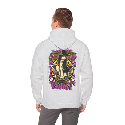 Back view of a luxurious Empowered Sheriff hoodie featuring a bold graphic of a fierce woman with cowboy hat and revolvers, elegantly set against a purple and gold design.