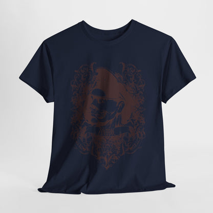 A beautifully draped navy men’s t-shirt adorned with an elaborate zombie design, encapsulating a blend of edgy and luxurious style.