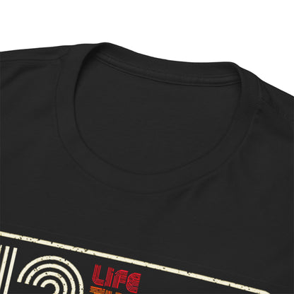 Close-up of a luxury black T-shirt collar, featuring the unique graphic '42 LIFE, THE UNIVERSE, EVERYTHING' from Hitchhiker's Guide to the Galaxy, embodying both style and sophistication.