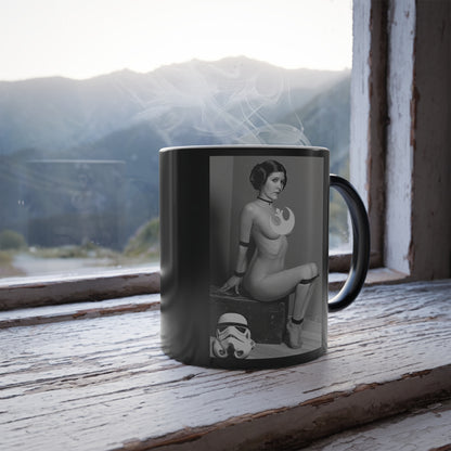 Princess Leia Heat Change Mug displayed on a rustic window sill, featuring bold and artistic black-and-white imagery. The mug combines humour and pop culture with an iconic depiction of Leia in a daring pose, complemented by a Stormtrooper helmet, making it an exquisite statement piece for any luxury collection.