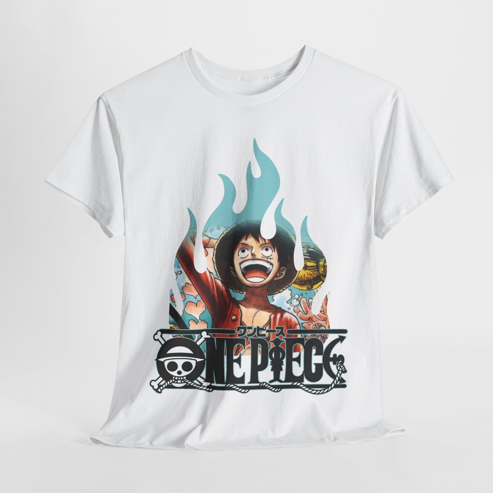 Striking frontal perspective of a white graphic T-shirt featuring a renowned character, set against a minimalistic background, exemplifying contemporary fashion.