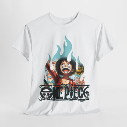 Striking frontal perspective of a white graphic T-shirt featuring a renowned character, set against a minimalistic background, exemplifying contemporary fashion.