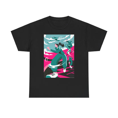 Stylish unisex T-shirt featuring an artistic design inspired by survival games, showcasing dynamic characters in vibrant colours on a black fabric.