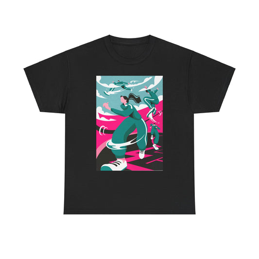 Stylish unisex T-shirt featuring an artistic design inspired by survival games, showcasing dynamic characters in vibrant colours on a black fabric.