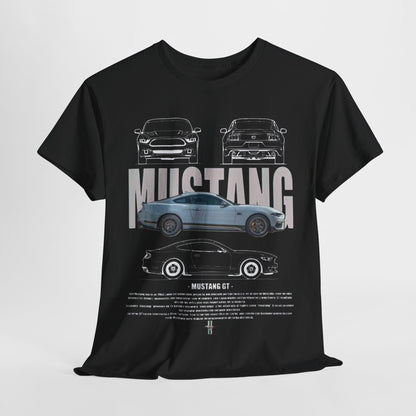 Stylishly presented Ford Mustang GT T-shirt featuring intricate car illustrations and engaging typography, perfect for fans of automotive design.