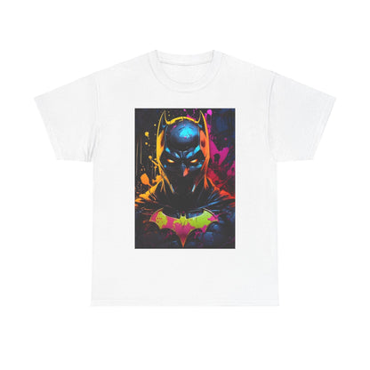 Vibrant Batman Graphitti Graphic Unisex Tee Shirt in white, displaying an artistic representation of Batman with vibrant colours and intricate detailing.