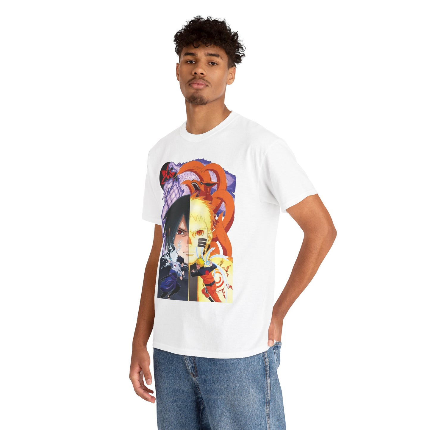 Stylish male model wearing a luxurious white T-shirt that features a dynamic split-screen design of Sasuke and Naruto, perfect for trendy anime lovers seeking a bold statement.