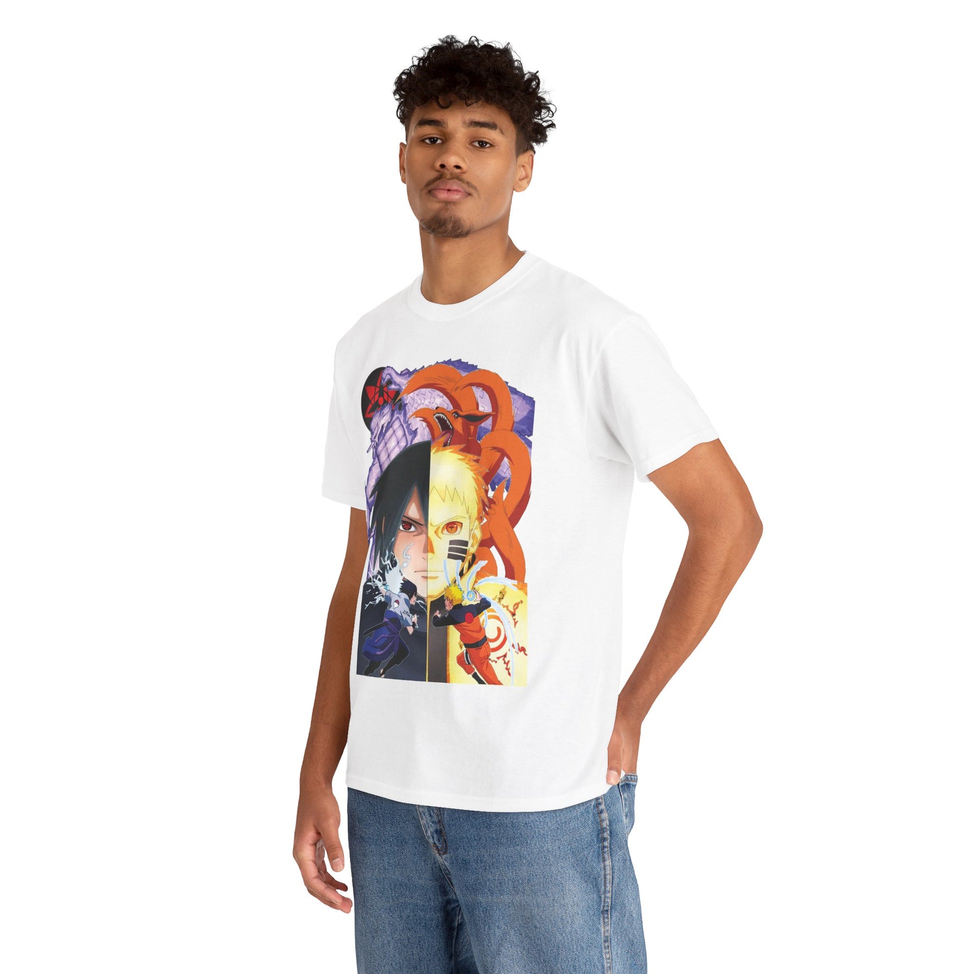 Stylish male model wearing a luxurious white T-shirt that features a dynamic split-screen design of Sasuke and Naruto, perfect for trendy anime lovers seeking a bold statement.