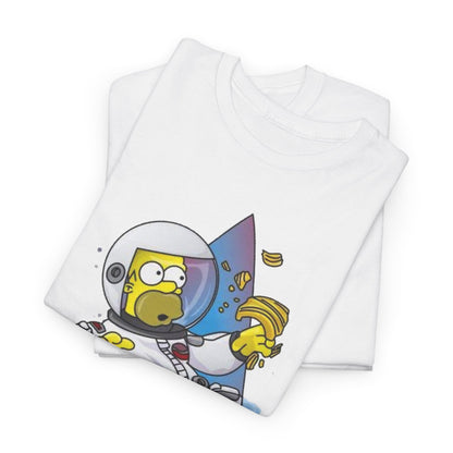 Luxurious Spaceman Homer graphic unisex t-shirts stacked elegantly, depicting Homer Simpson as an astronaut enjoying snacks. A unique blend of humour and style for discerning fashion enthusiasts.