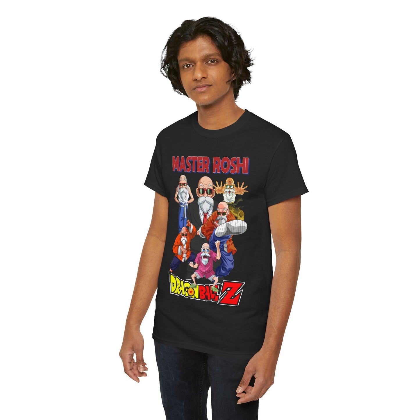 Another model adorned in the Dragon Ball Z Master Roshi t-shirt, highlighting its unique anime graphics and comfortable fit.