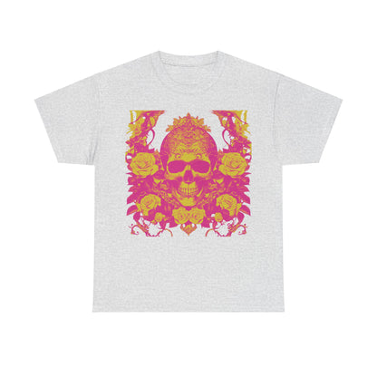 Front view of Skulls and Roses Cotton Tee in grey, showcasing the intricate skull and roses graphic on a premium fabric.